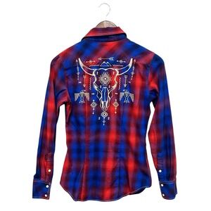 Rock & Roll Cowgirl Top Pearl Snap Button Up Shirt Womens Sz S Embroidered Plaid
